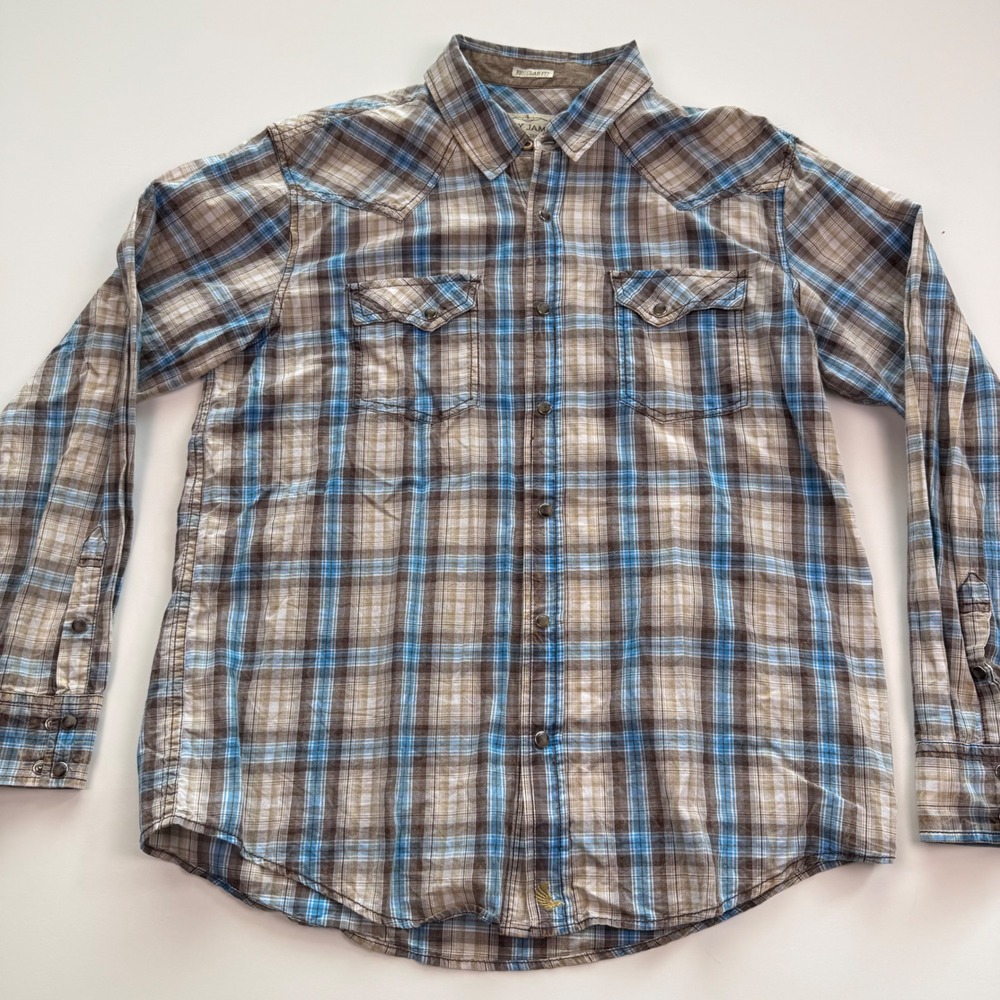 Cody James Mens Regular Fit Blue Brown Plaid Western Pearl Snap Shirt Large